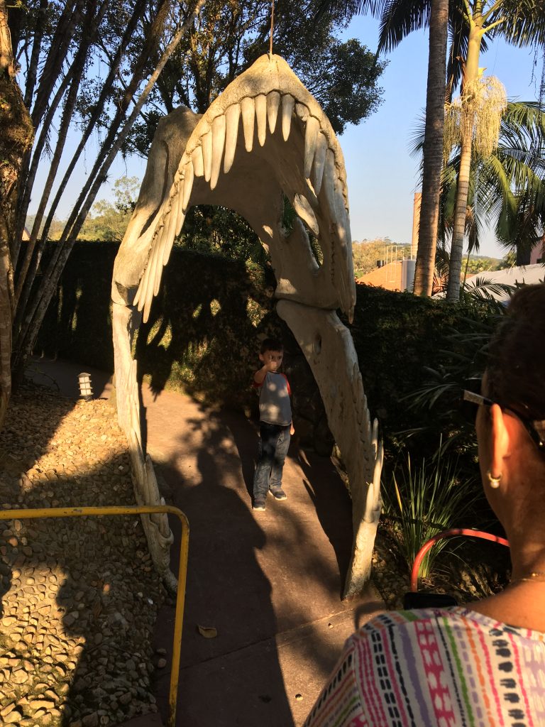 O que tem na passagem para a parte de trás da Vila? Um dinossauro, claro!