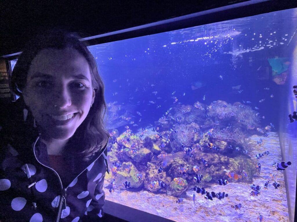 mulher em frente a pequeno aquário