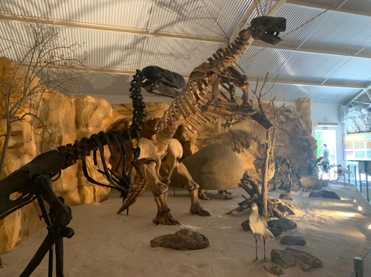 dois esqueletos de dinossauro com fundo pré histórico