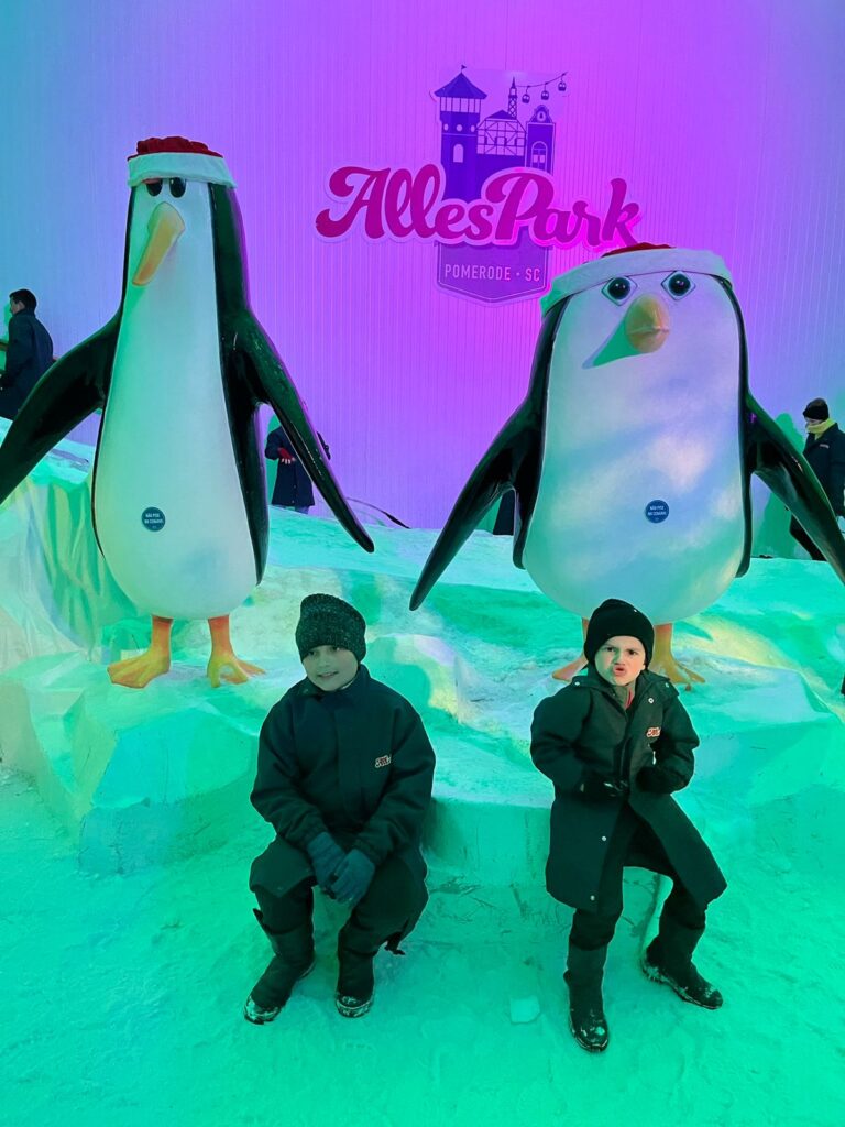 dois meninos em frente a dois pinguins cenográficos