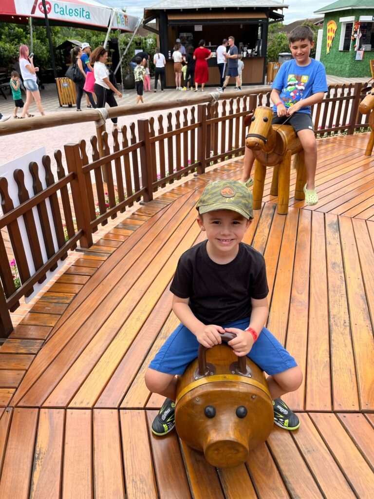 menino sentado em carrossel de madeira