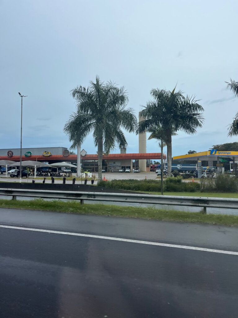 prédio de parada entre duas palmeiras vistos da rodovia