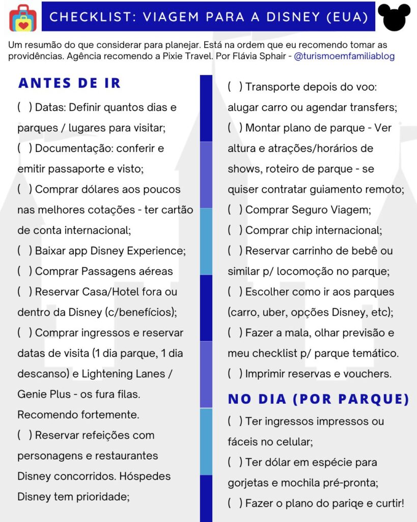 checklist com itens de providências e planos de viagem à Disney