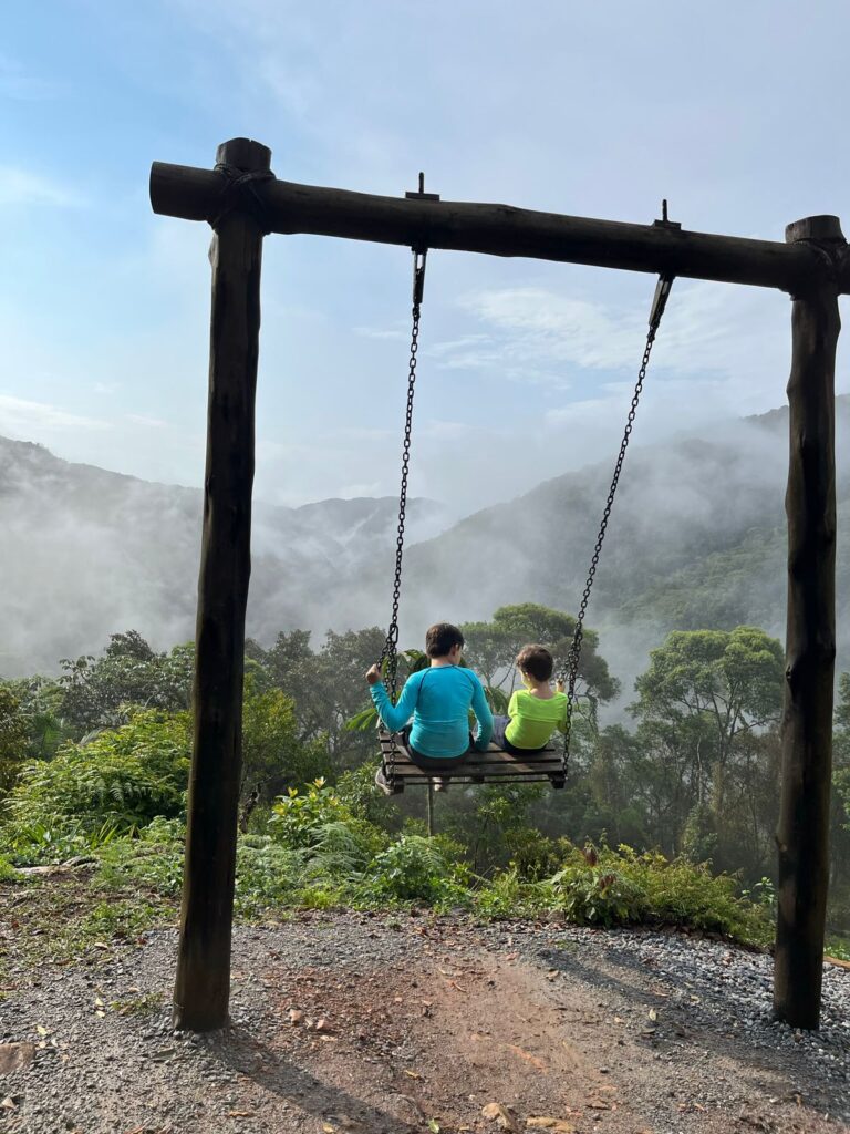 dois meninos de costas em um balanço com vista para montanhas