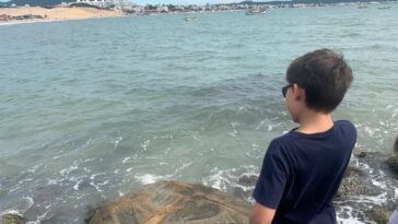 menino de costas em trapiche olhando para o mar