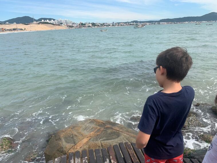 menino de costas em trapiche olhando para o mar