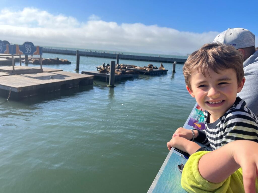 menino em frente a mar com plataforma com leões marinhos