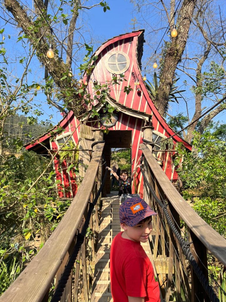 menino com casa temática de parque ao fundo