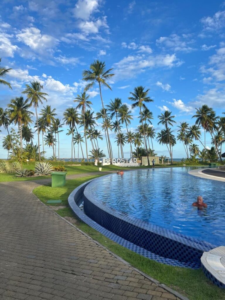 grande piscina com coqueiral ao fundo