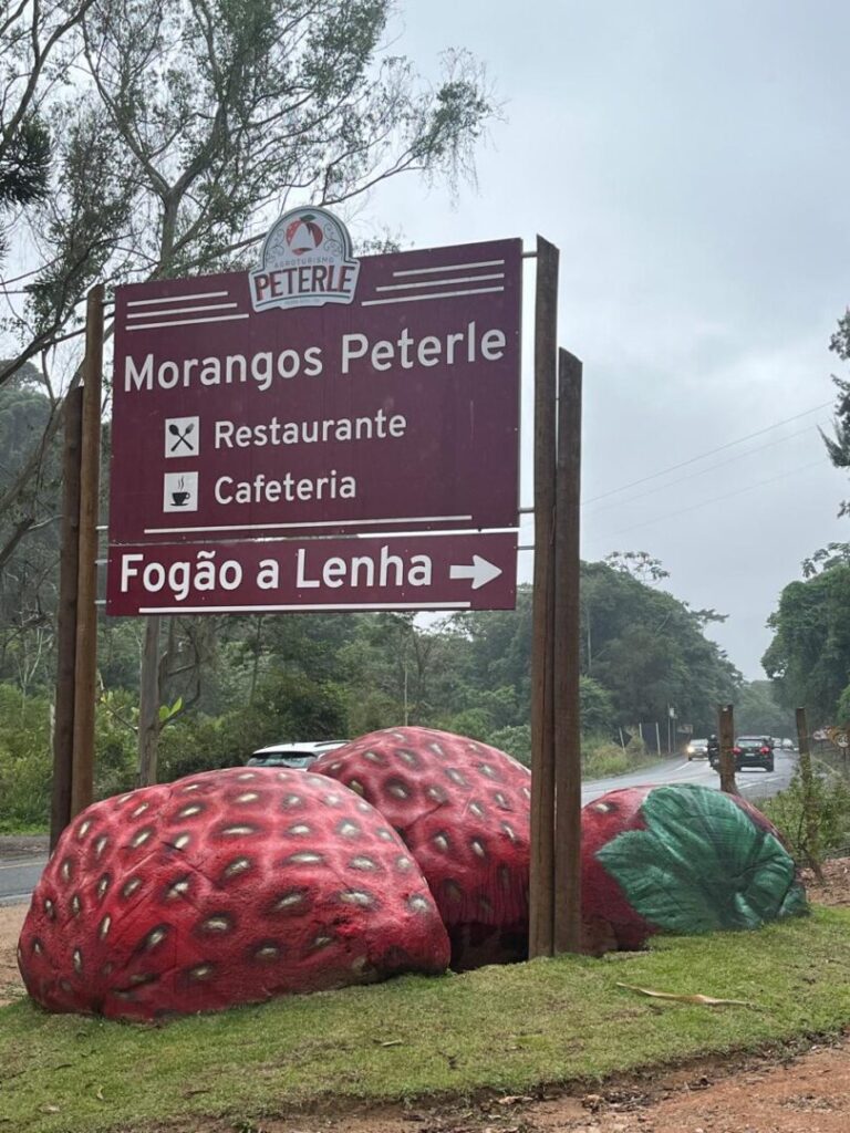 placa turística com escultura de morango abaixo