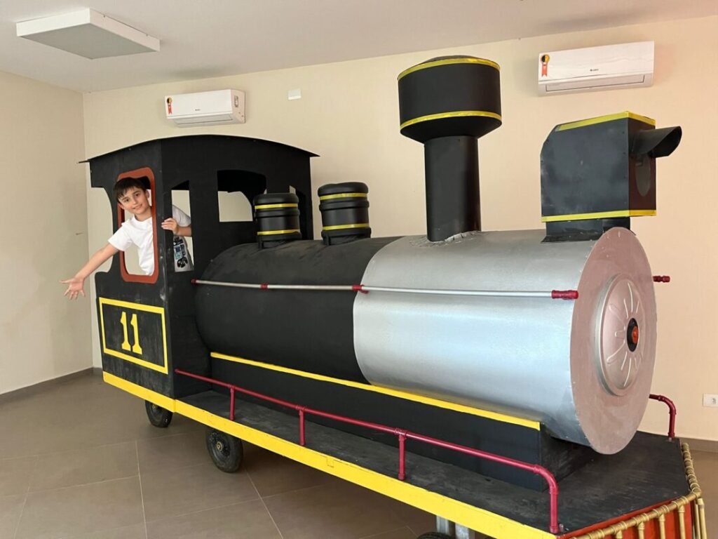 menino em réplica de trem