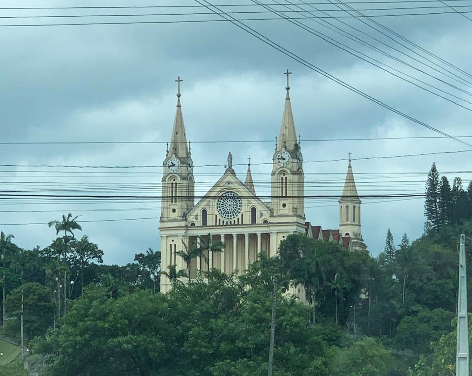 fachada de igreja em frente árvores de bosque